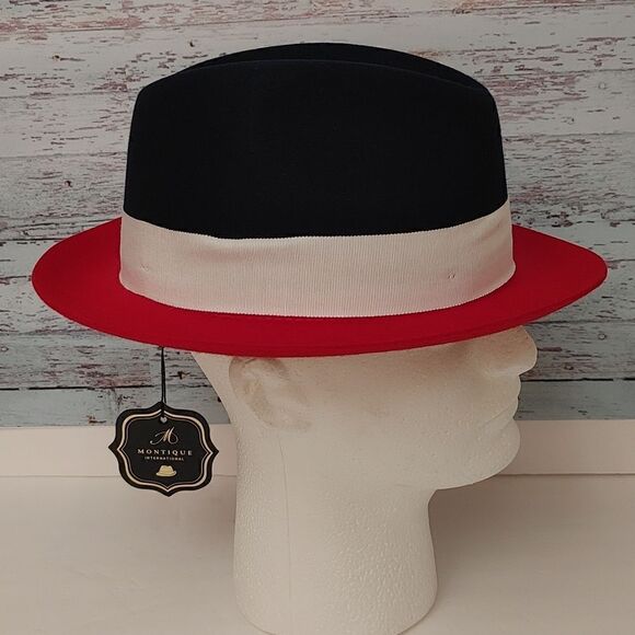 MEN'S MONTIQUE NAVY-RED 3 1/4" WIDE BRIM 100% WOOL FELT FEDORA HAT. H82. - Picture 3 of 8